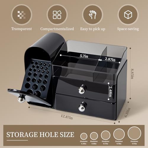 Makeup Organizer with Brush Holder for Vanity, Large Cosmetic Display Cases with 2 Drawers, Skincare Organizer for Bathr