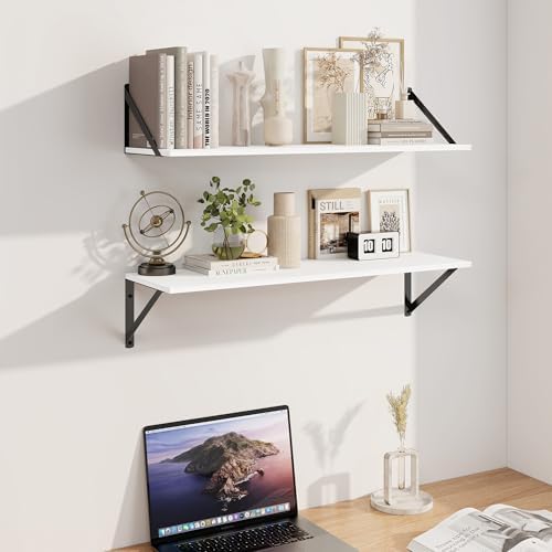 Heimlove White Deep Floating Shelves for Wall, 30W x 8D Wood Wall Shelves Set of 2, Wide Floating Bookshelf for Living R