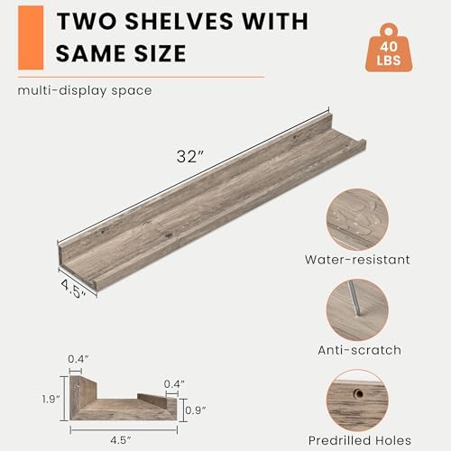 Heimlove Picture Ledge Shelf, Floating Shelves Set of 2, 31.5Inches Picture Shelf for Wall with Ledge, Kids Bookshelf Wall Mounted for Living Room Bedroom Decor Books Photo Frames - Gray