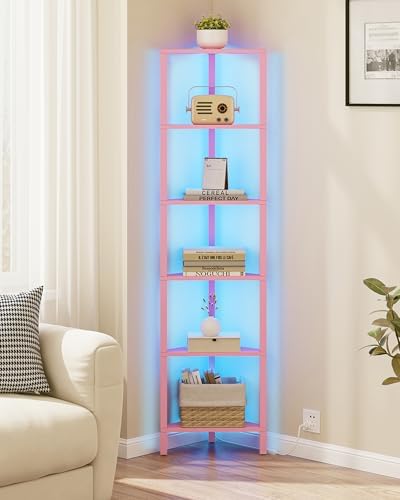 TUTOTAK Corner Shelf with LED Light, 6-Tier Corner Bookshelf