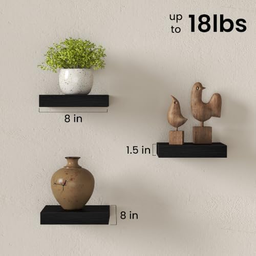 8" Long x 8" Deep Floating Shelves for Wall, Set of 3, 1.5" Thick, Black