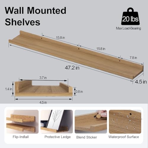 Oak Floating Shelves for Wall Decor, 48 in Shelf with Lip, 2 Set