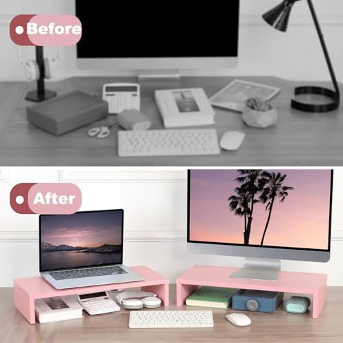 TEAMIX 2 Pack Pink Monitor Riser-20L inch, Cute Monitor Stand for Desk, Wood Sturdy TV/Screen/PC/Printer/Laptop Riser, C