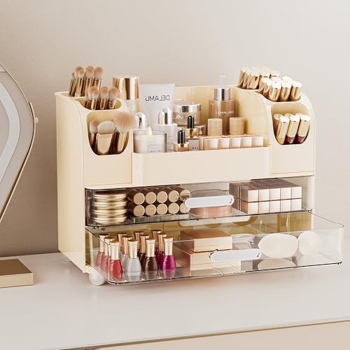 Delamu Large Makeup Organizer Countertop with 6 Brush Holders, Cream White
