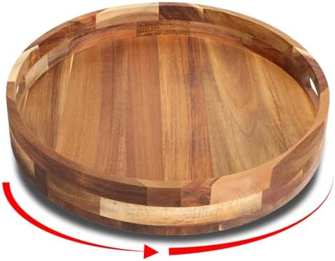 Acacia Wooden Lazy Susan for Table Top-12 Inch Wooden Lazy Susan Turntable with Double Handle-Large Acacia Wooden-Spice 