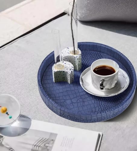 HofferRuffer Faux Leather Round Serving Tray, Vegan Croco Leather Decorative Tray, Food Tray for Storage Drinks, Snack &