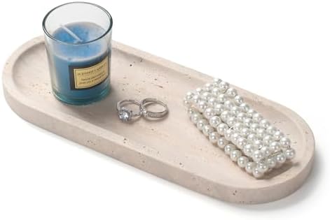 Oval Travertine Stone Tray for Jewelry, Candles, Perfume, Decorative Marble Bathroom Tray for Countertop Organizer 9.8in