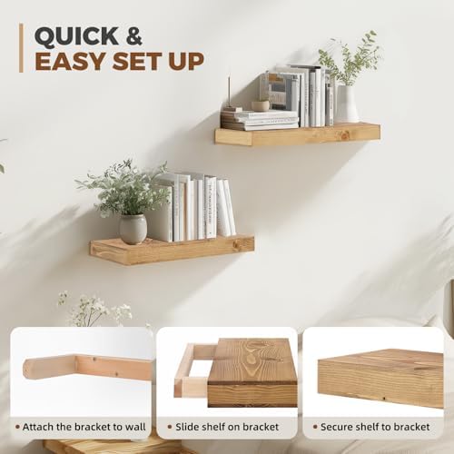 Floating Shelves, 17 Inch Wall Mounted Shelves, Set of 2, Oak