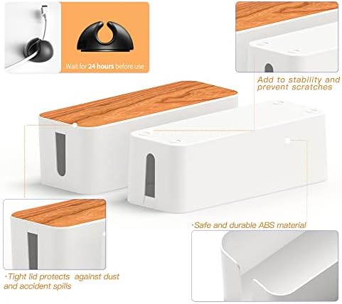 Cable Management Box 2 Pack with 16 Cable Clips Set-Large & Medium & Small Wooden Style Cable Organizer Box to Hide Wire