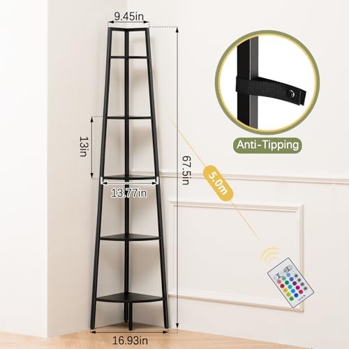 Yoobure Corner Shelf Stand, 5-Tier Bookshelf with LED Lights & Steel Frame, Tall Storage Shelves for Living Room, Bedroo