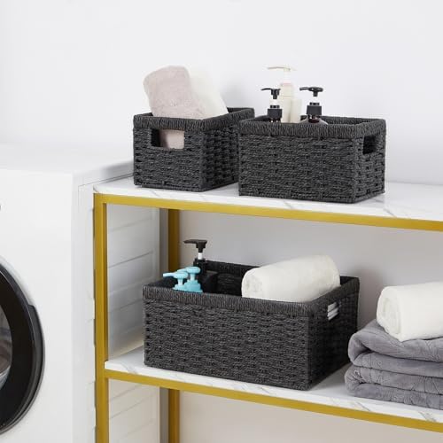 Vagusicc Wicker Storage Basket, Set of 3 Wicker Basket, Hand-Woven Paper Rope Storage Baskets for Organizing, Large Cube