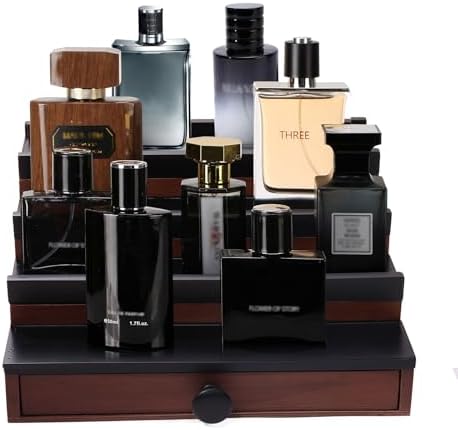 4 Tier Men's Cologne Organizer, Two-Tone Wooden Stand with Drawer Storage