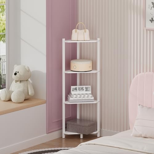Wisuce Bamboo Small Corner Shelf Stand, 4-Tier White Corner Bookshelf