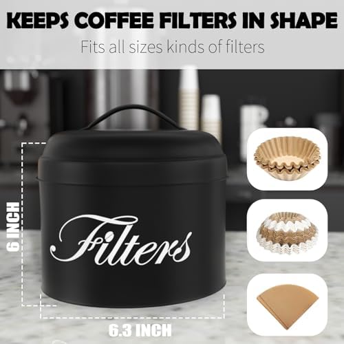 Black Basket Coffee Filter Holder With Lid - Round Container for Counter Storage - Rustic Farmhouse Bar Accessories Deco