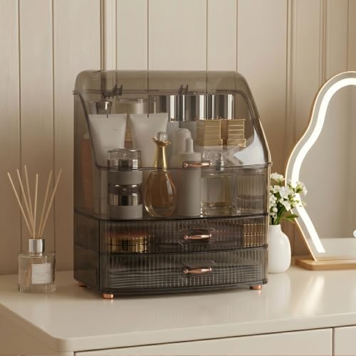 Makeup Organizer Countertop for Vanity with Lid and 2 Drawers, Clear Black