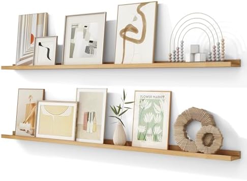 FLYJOE Picture Ledge Shelf, Floating Shelves Set of 2, Solid Ash Wood 72'' Long Large Nursery Book Shelves for Toys Storage, Kids Bookshelf for Living Room Bedroom Decor Books Photo Frames, Natural