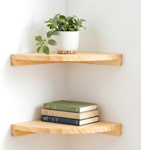 Alipis Natural Wood Corner Shelf Wall Mounted, Dual-Fortified Floating Corner Shelves for Wall Storage, Round End Sector