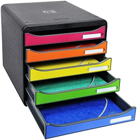 Exacompta Big Box Plus - 5 Drawer Desktop Organizer - 100% Recycled Materials- Fits Letter and A4+ Size Paper - Black w/Multicolored Drawers- Dimensions 13 5/8 x 11 x 10 5/8 - Made in Europe