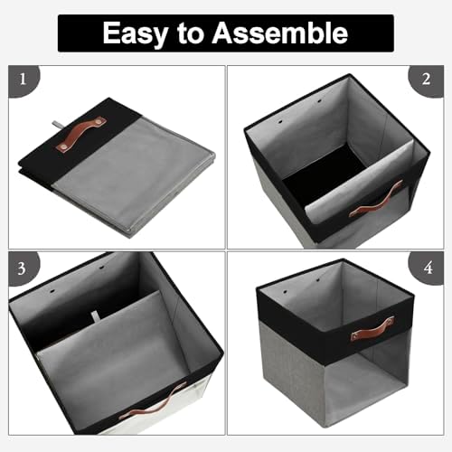 Bagnizer Storage Cubes, 4 Pack Linen Foldable Storage Bins (13 x 13 inch) with Clear Window and Handles, Fabric Organizer for Shelf Closet, Clothes, Books - (Gray and Black)