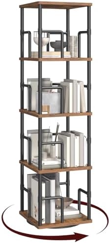 MAHANCRIS 4-Tier Rotating Bookshelf, Freestanding Corner Bookshelf, 360° Spinning Bookcase, Industrial Style Storage Rac