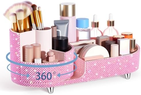 Rotating Makeup Organizer Vanity, Pink, Pearl