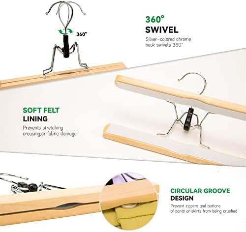 Nature Smile Wooden Pants Skirt Hangers, Smooth Finish Solid Wood Non Slip Jeans Slack Clamp Hangers Hair Extension Hangers(20Pcs Natural)…