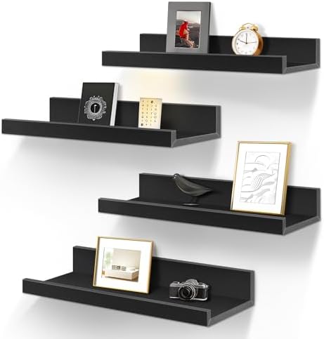 LaVie Home Floating Shelves for Wall Storage Set of 4, 15.6 Inch Picture Ledge Shelf, Black Wall Shelves with Lip for Kitchen, Bedroom, Bathroom, and Living Room