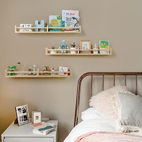 Austin yan Nursery Bookshelves Wall Mounted，32inch，Set of 3, Wood Floating Wall Bookshelf for Kids,Natural Wood Color,Ha