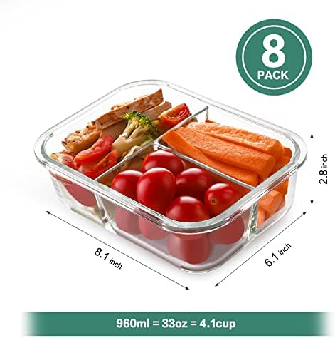 8 Pack 36oz Borosilicate Glass Meal Prep Containers 3 Compartment with Lids