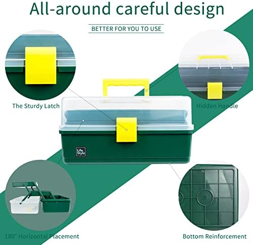 Creahaus 13 inch Art Craft Organizer Storage Box with 3 Layer, Multipurpose Plastic Tool Box with Handle for Sewing, Art