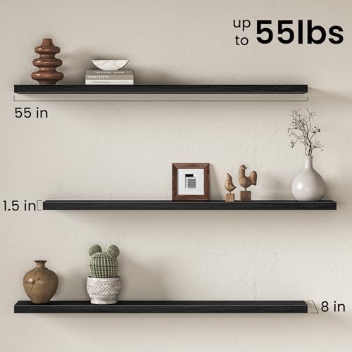 55" Floating Shelves for Wall, Set of 2, 8" Deep, 1.5" Thick, Black