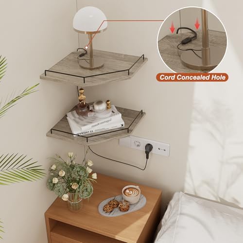 JJL Corner Shelf Wall Mounted, 12 Inches 2-Tier Floating Corner Shelf, Hexagon Rustic Wood Decor with Fence, Gray Wood G