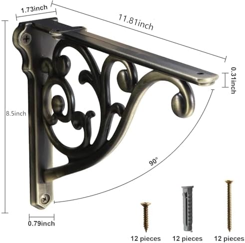 Khtumeware Ornate Decorative Brushed Antique Brass Shelf Brackets, 12 inch Big wall Mounted Shelving Bracket, 2 Pack Ant