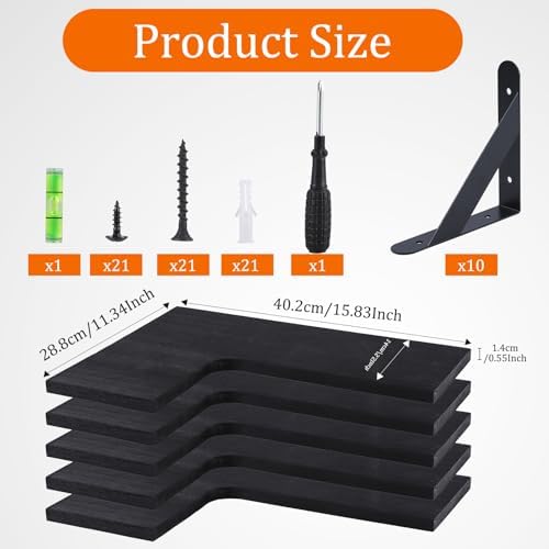 5 Pack Floating Shelves, Rustic Wood, Black
