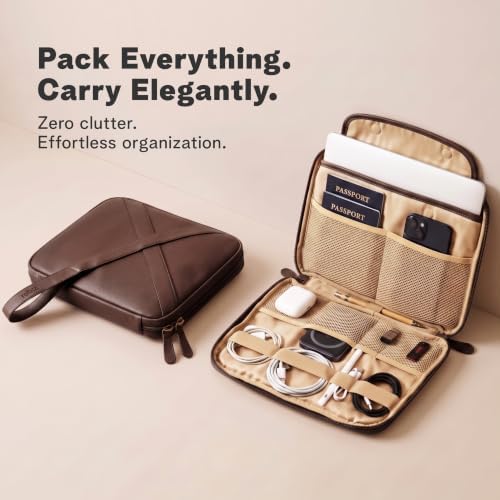 rofozzi Vegan Leather Travel Tech Pouch, Electronics & Cable Case Organizer with Padded 11-Inch Tablet Sleeve and Passpo