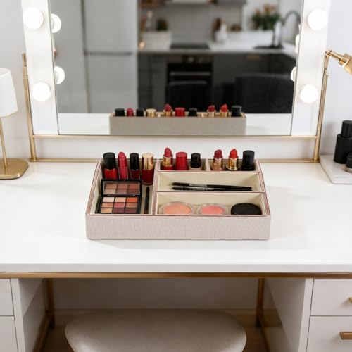 PU Leather Makeup Organizer Tray,Large Vanity Organizer,Cosmetic Storage Box for Lipstick Brushes Skincare Perfume,Cosme