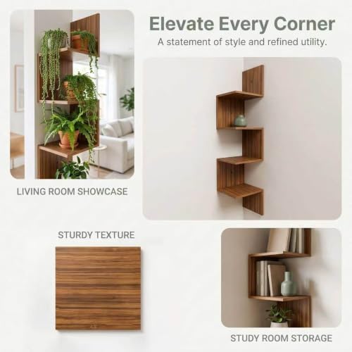 Premium Bamboo Floating Corner 4-Tier,Corner Shelf Wall,7.8"Lx7.8"Wx40.1H