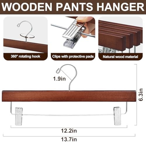 BAGAIL 20 Pack Wooden Pants Hangers with Adjustable Clips, 360°Swivel Hook Space Saving Skirt Holders with Anti-Rust Clips for Trousers, Jeans, Shorts(Walnut)
