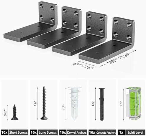 Heavy Duty Metal Shelf Brackets 4-Inch, Set of 4, Modern Black Matte Finish, 1/5" Thick Steel, Easy-to-Install, Strong S