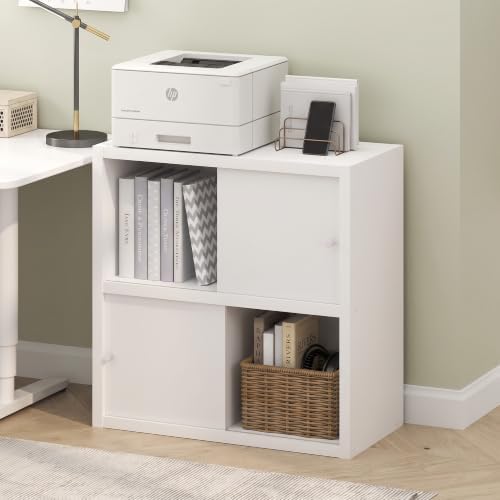 Furinno Cubicle Book Shelf with Sliding Doors, 4-Cube Bookshelf, Extra Thick Frame Bookcase with Open & Closed Storage, 