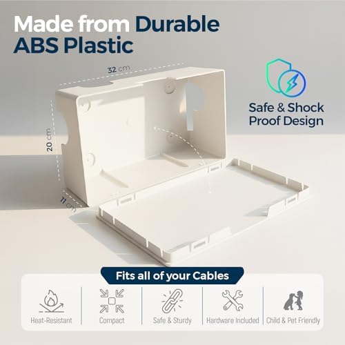 Cable Management Box ABS 12.6x7.9x4.5in, White, Mounting Kit Included