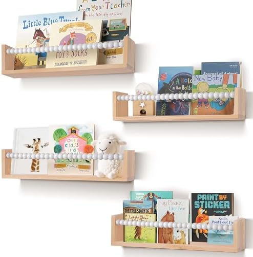 Nursery Shelves Set of 4,White Floating Book Shelves for Wall,Nursery Book Shelves for Kids Room,Kids Bookshelf (Set of 