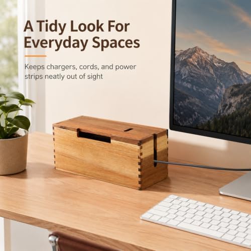 Acacia Wood Cable Management Box,Office Under Desk Cable Storage Box for Wire, Cord Hider Organizer for Power Strip, Ele