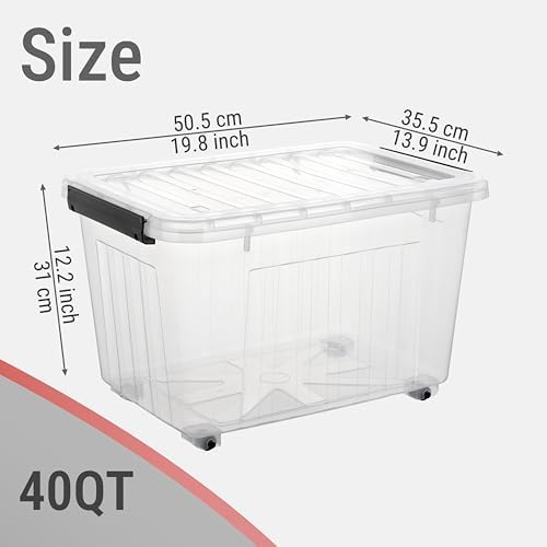 Cetomo Plastic Storage Bins, Lidded Storage Box with Wheels for Home Office Dorm, Wheeled, Stackable, Clear, 40Quart-4 P
