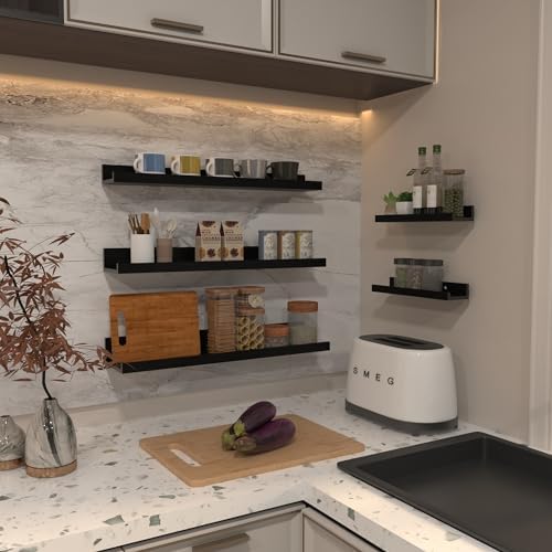 Giftgarden 24 Inch Wall Mounted Floating Shelves Set of 5, Black Wood Wall Shelves for Bathroom, Bedroom, Kitchen, Livin