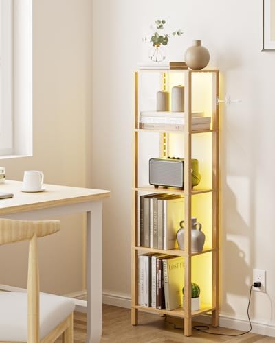 Open Book Shelf with LED Lights, 5 Tier Tall Bookshelf, Freestanding Shelf Narrow Bookcase with Open Shelves, 14.96" x 1