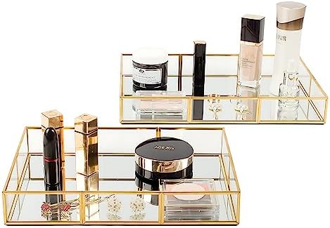 Perfume Tray Vanity Tray with Metal Frame, Gold Tray for Bathroom, Jewelry or Home Decoration 2 Pcs (L+S)