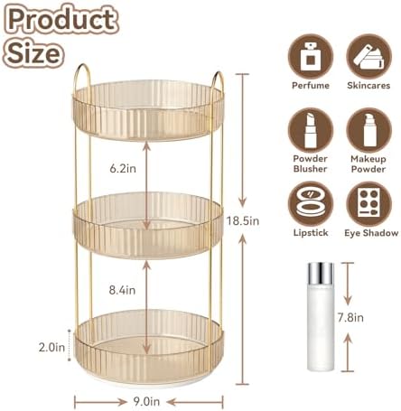 360° Rotating Makeup Organizer for Vanity, 3 Tier Perfume Organizers, Gold