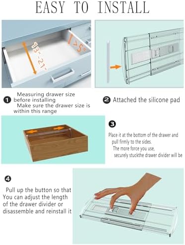 4 Pack 5" High Clear Adjustable Drawer Dividers, Expandable 13-21"