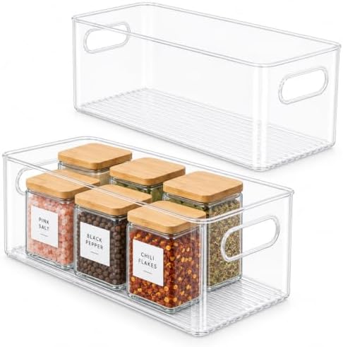 Plastic Food Storage 2 Pack Clear Container Bin with Handles for Organizing Kitchen, Pantry, Refrigerator, Freezer, Pant